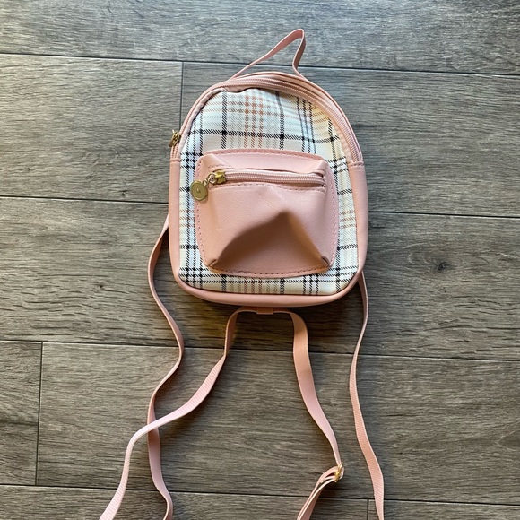 Mini Plaid Backpack in Pink with Front Pocket - Picture 1 of 7